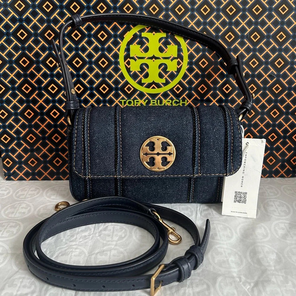 Tory Burch Felix Denim Mini Flap Shoulder Bag Crossbody Bag Tory Navy Gold Blue - Picture 1 of 10